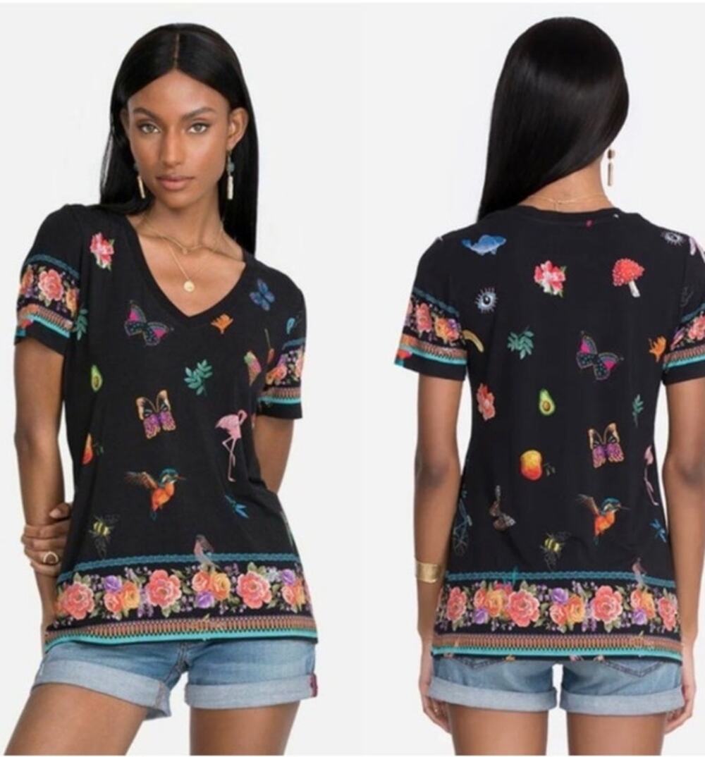 Johnny Was $199 Zooey Boho Cottagecore V-Neck Top Bamboo Short Sleeve Tee XS